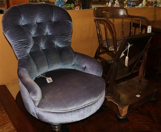 19C elm and beech spindle-back chair, a Victorian mahogany toilet mirror and a button-back nursing chair
